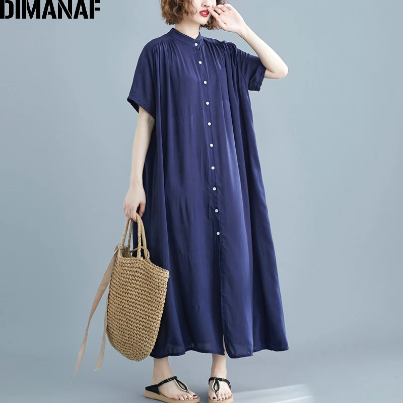 

DIMANAF Plus Size Women Dress Summer Sundress Basic Casual Big Size Female Lady Vestidos Loose Cotton Solid Long Dress 2019 5XL
