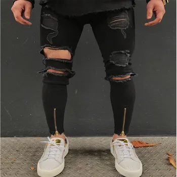 

HOT 2020 Fashion asual High street hip hop streetwear Ripper holes men jeans knee hole feet zipper pants men's trousers hombre