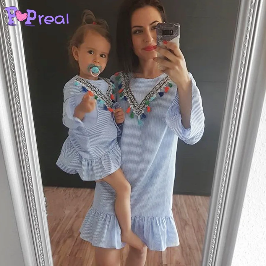 

Mum and Daughter Clothes Mom and Daughter Dress Long Sleeves Mother Kids Mom and Daughter Dress Striped 2019 Summer Wear