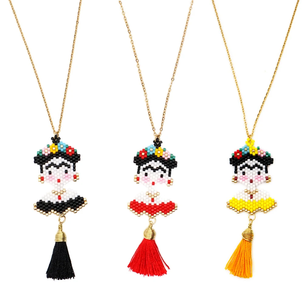 

JOYE Fashion Jewelry Mexico Carton Face Ladies Necklaces Miyuki Beads Necklace Long Gold Chain Tassel Necklace Women Accessories