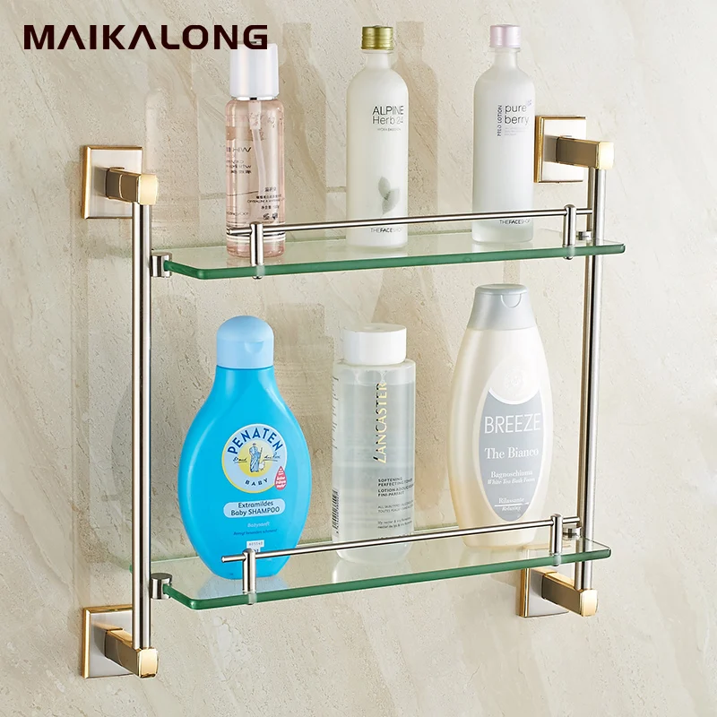 Bathroom Accessories gold brush Finish With Tempered Glass,Double Glass Shelf bathroom shelfin