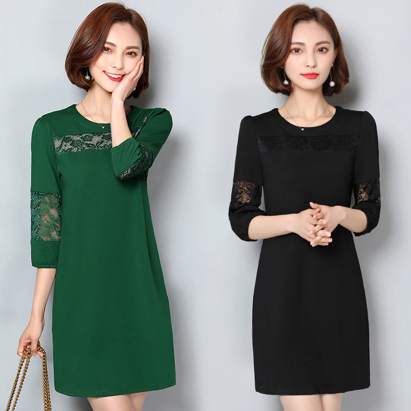 4xl plus big size women clothing 2017 spring summer style autumn korean new lace stitch thin black party dress female Y0316 | Женская