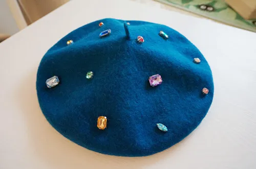 

Girls Lolita Crystal Beret Handmade Blue Wool Handmade Vintage Rhinestone Hats Beanies