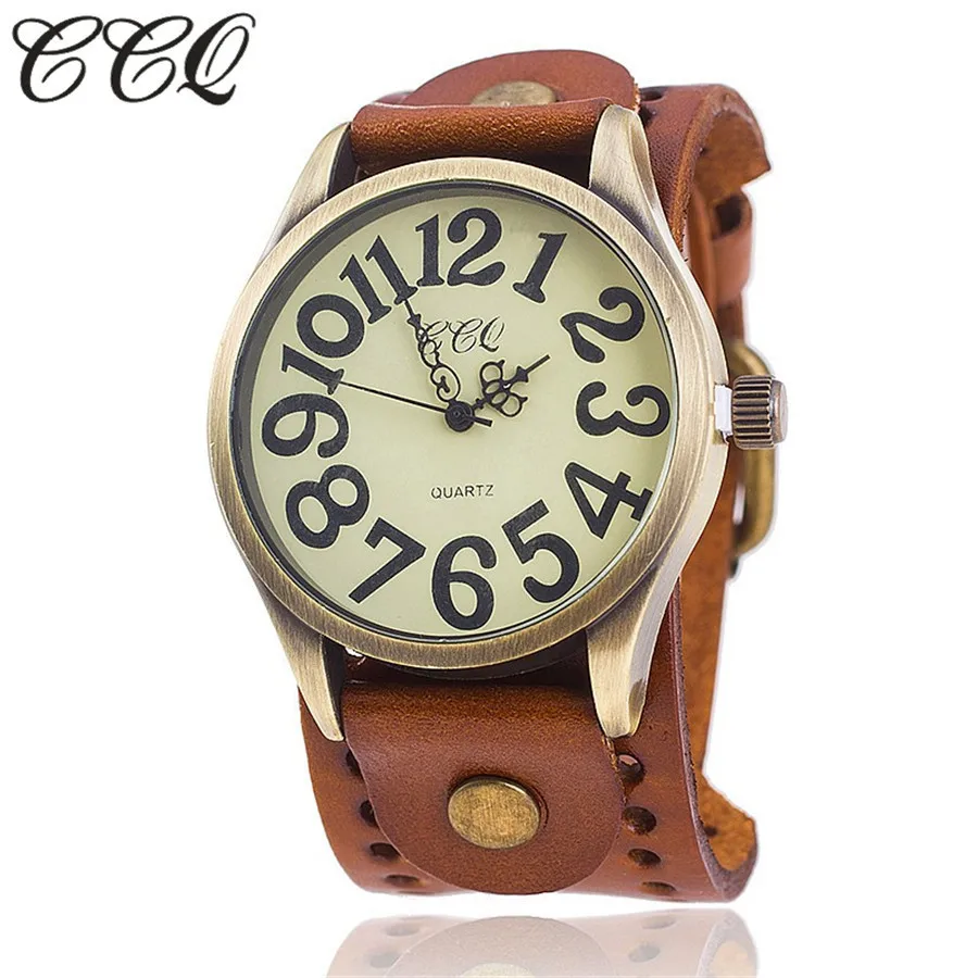 

CCQ Brand Vintage Cow Leather Number Dail Watch Casual Women Men Wristwatch Luxury Quartz Watches Relogio Masculino