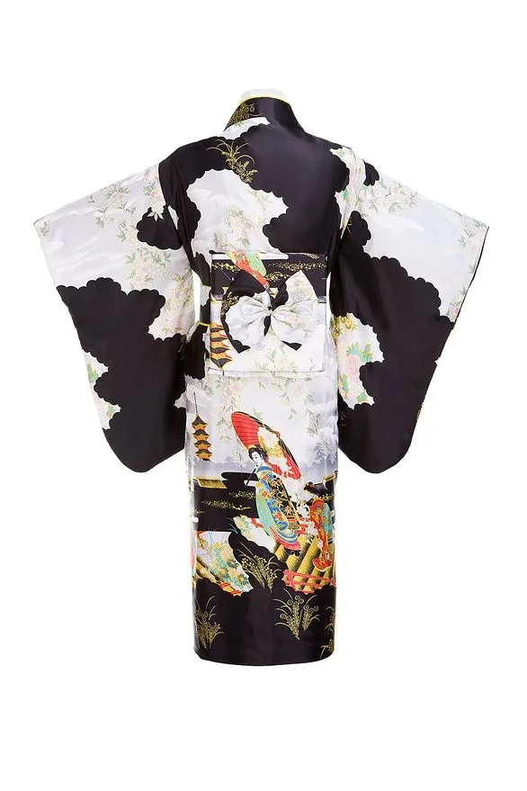 Black Woman Lady Japanese Tradition Yukata kimono Bath Robe Gown With Obi Flower Vintage Evening Party Dress Cosplay Costume japanese kimono japanese kimono cardigan japanese kimono shirt