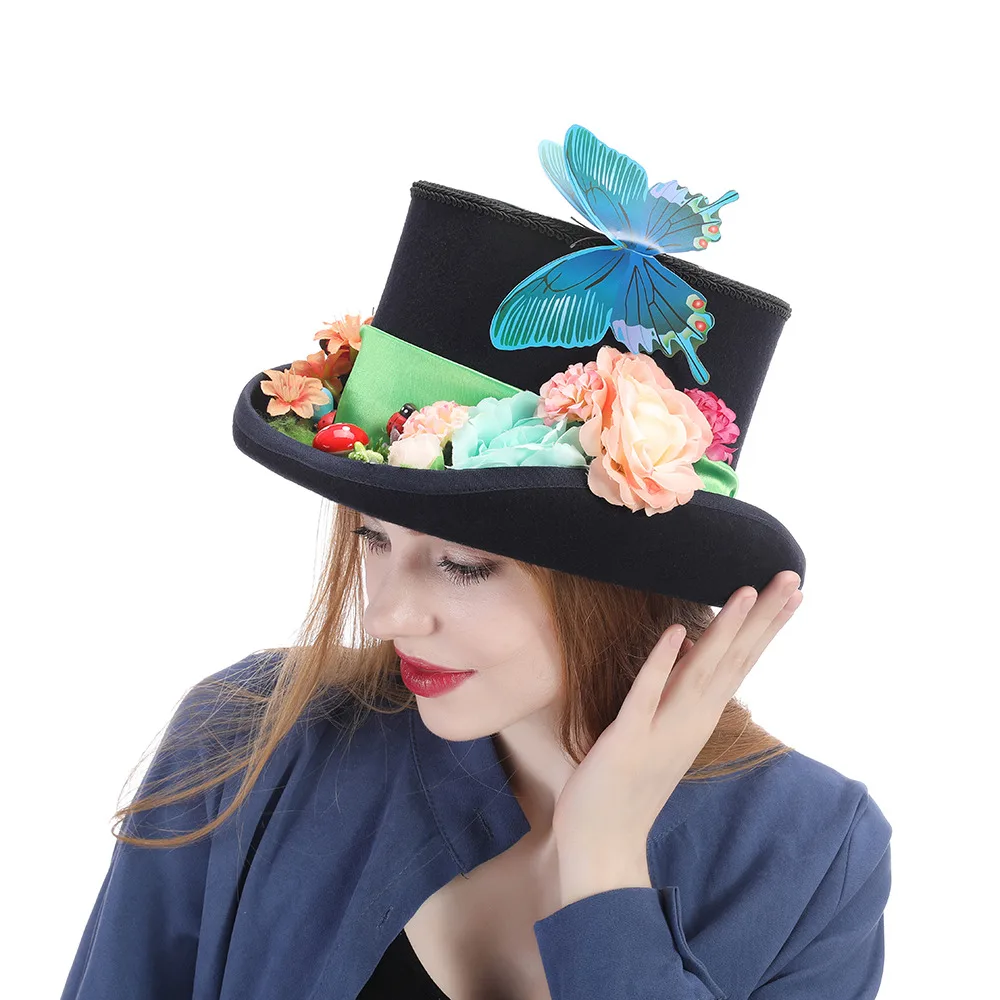 

Handmade Garden Novelty 100% Wool Black Women Steampunk Top Hat With Feather Fedora Cosplay Hat