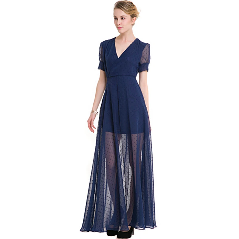 

High Quality Dresses Women 2019 V-neck short-sleeved Big Swing Split Dress Retro Polka Dot Chiffon Dress Clothing Vesditos JY616