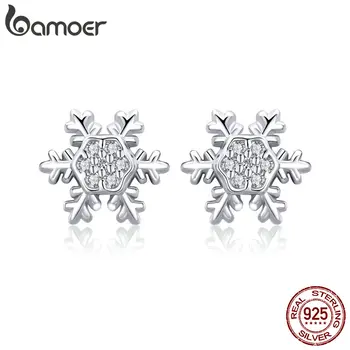 BAMOER Trendy 925 Sterling Silver Winter Snowflake Exquisite Stud Earrings for Women Fashion Wedding Engagement Jewelry BSE009