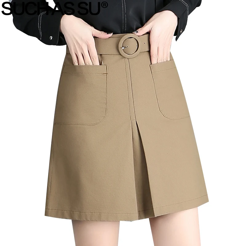 SUCH AS SU Spring Summer Mini Skirt 2018 Women Black Khaki Pockets High