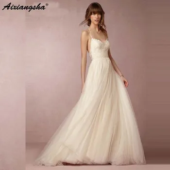 

White Wedding Dresses 2019 Exquisite Spaghetti Straps Lace Criss Cross Back A-line Vintage Bridal Gowns vestido de noiva