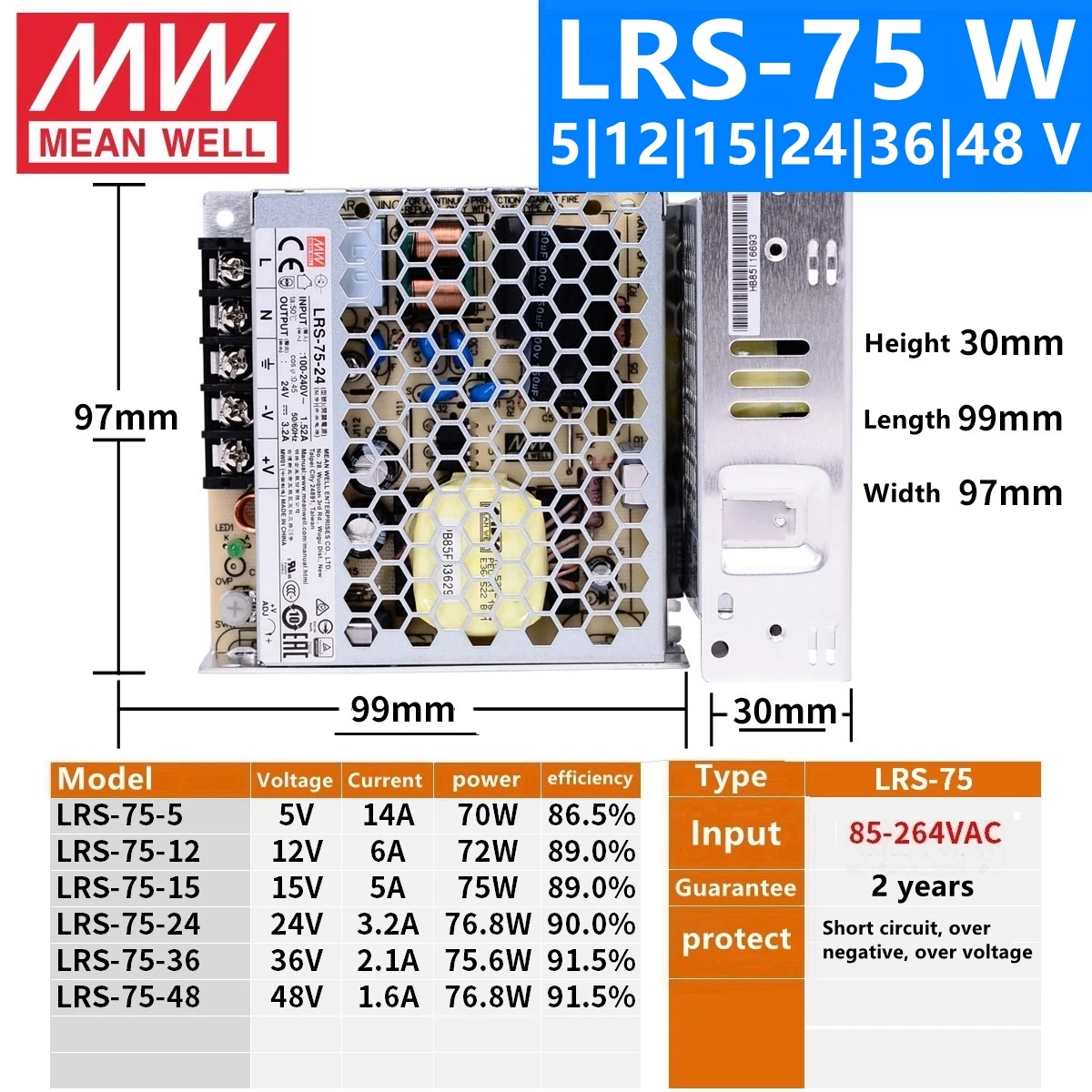 Бренд MEAN WELL представляет LRS-35 50 75 100 W 3,3 V 5V 12V 15V 24V 36V 48 V meanwell LRS-100 3,3 до 5 лет, 12 предметов в упаковке 15 24 36 48 V 100 W импульсный источник Питание