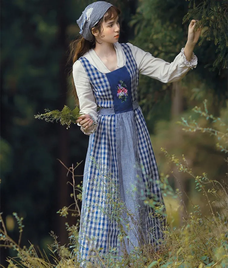 

Spring vestidos Autumn Women Vintage French Pastoral Style V-Neck Embroidery Plaid Cotton Linen Patchwork Long Cinderella Dress