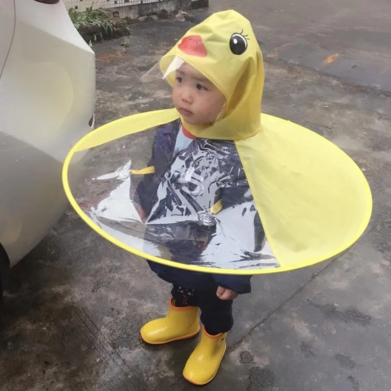 Yellow Duck Kids Raincoat UFO Cap Umbrella Automatic Folding Umbrella Children Hat L