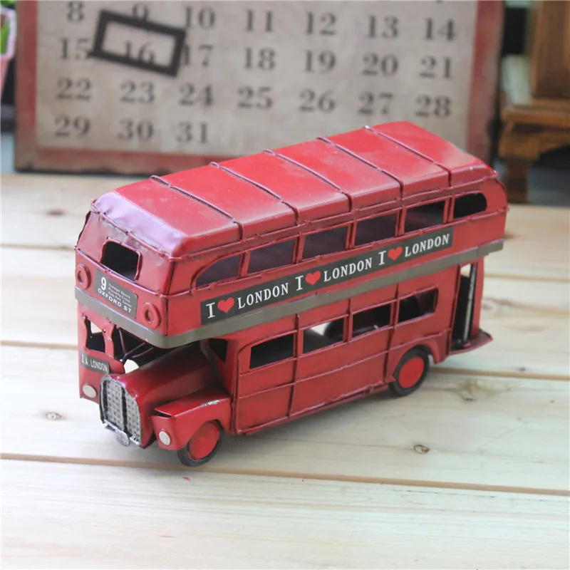 

Vintage Bus Retro London Figurine Miniatures Double-layer Red Bus Handmade Iron Car Model Craft Kids Toy Christmas Gift Present