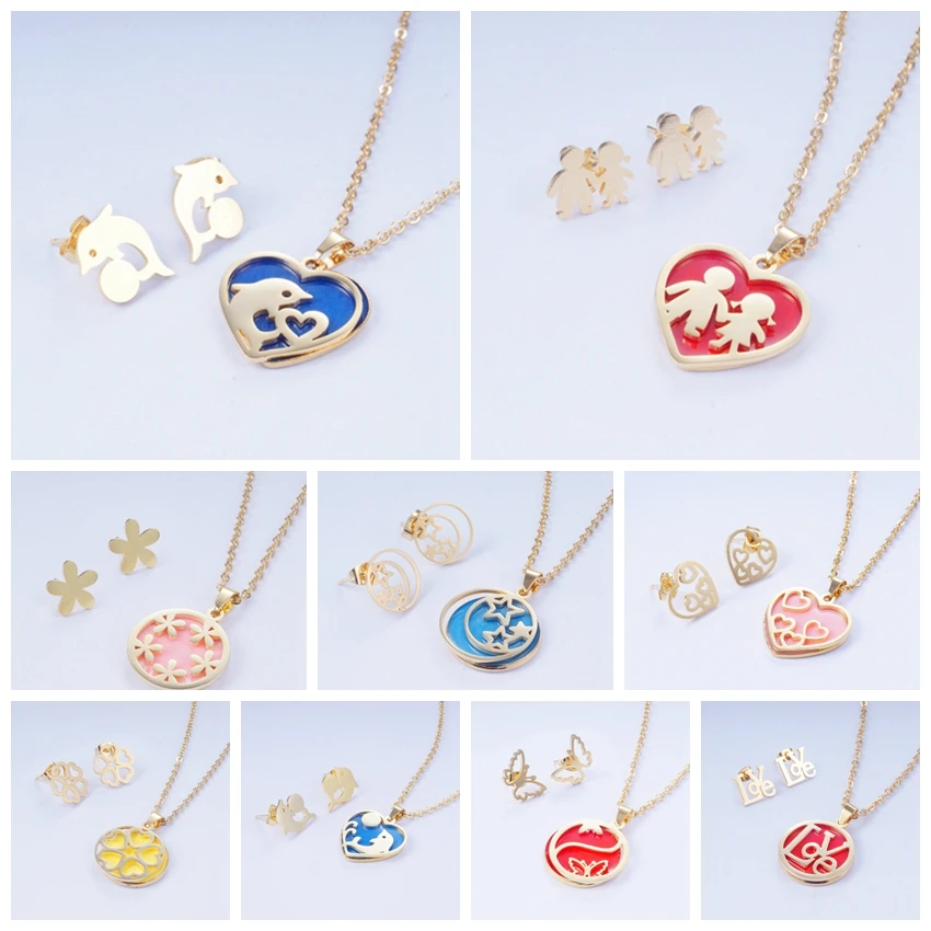 

Yunkingdom 2019 New Jewelry Set Heart Round Dolphin Resin Stainless Steel Jewelry Sets Necklace Pendant Earrings for Women