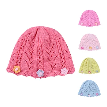 

Autumn Baby Girls Hat With Flowers Knitted Pattern Baby Hat For Newborn Cotton Crochet Infant Beanie Winter Baby Girls Clothing
