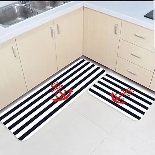 

2 Piece Kitchen Mats and Rugs Set Navy Blue and White Stripes Red Anchor Home Deocr Non Skid Area Runner Doormats Carpet