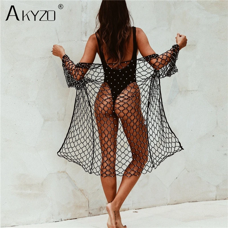 

AKYZO women solid KNIT mesh Long Sleeve blouse boho Loose large size hollow out shawl Blouses Plus Size summer beach long top