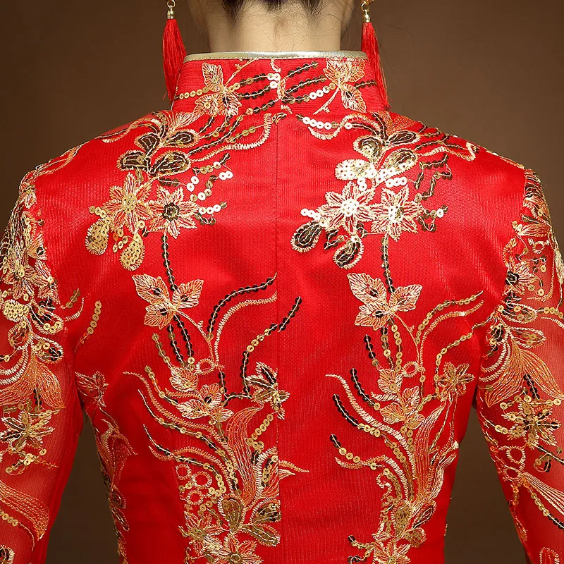 Красный вышивка китайский традиционный Чонсам сексуальные платья Qipao длинное свадебное платье восточные свадебные платья невесты