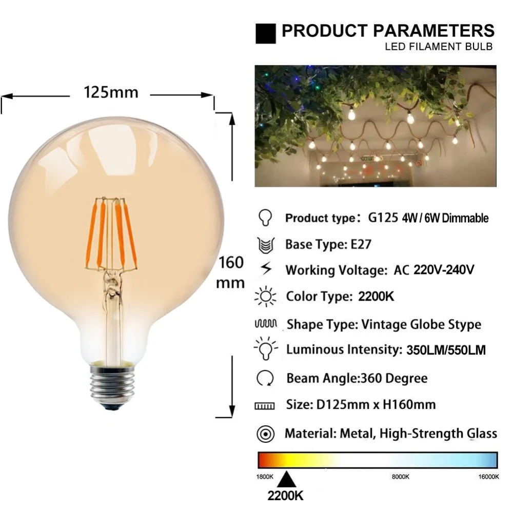 GANRILAND G125 светодиодный Большой нити Светодиодная лампа 4 Вт 6 Вт E27 Глобус теплые 2200K светодиодный Античная Edisn шарообразные 40/лампы накаливания 60 Вт эквивалент с регулируемой яркостью
