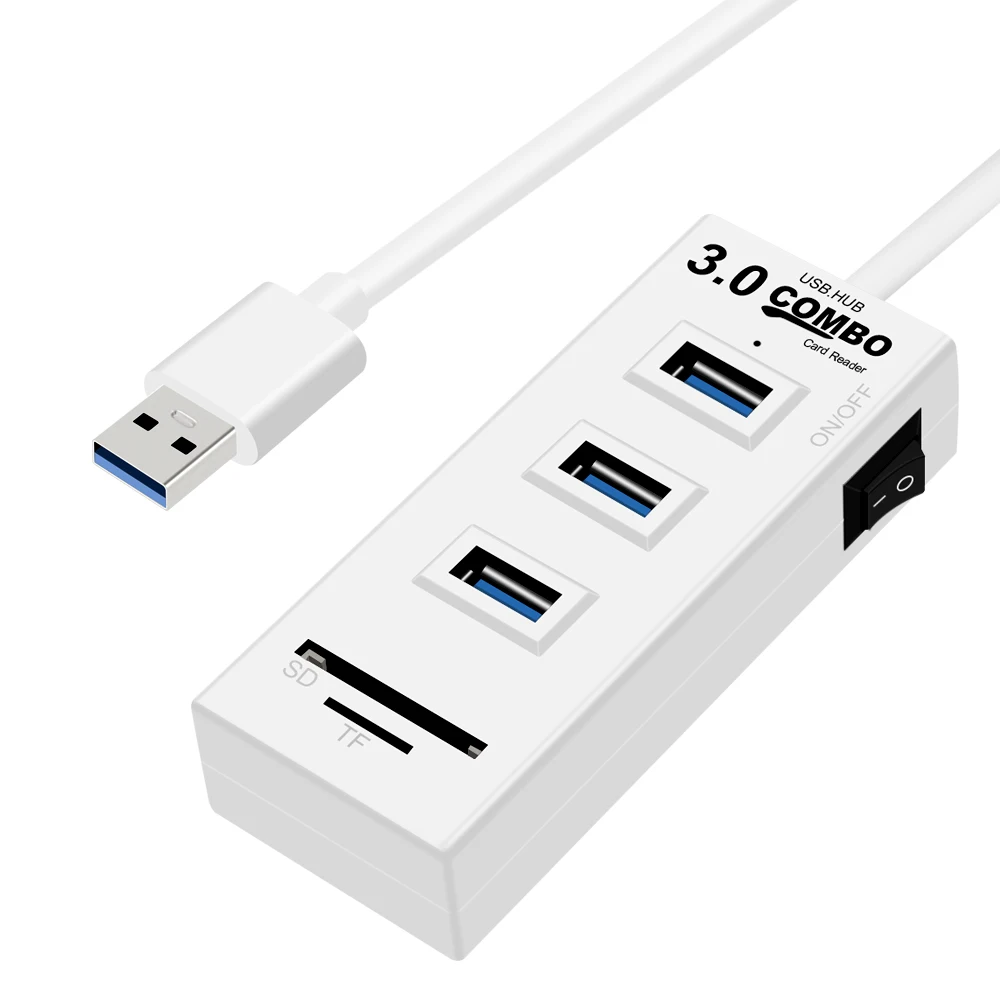 Usb-хаб кард-ридер высокоскоростной 3 порта USB 3,0 концентратор Мульти USB разветвитель вкл/выкл переключатель с SD/TF кард-ридер для MacBook ноутбука ПК - Цвет: White