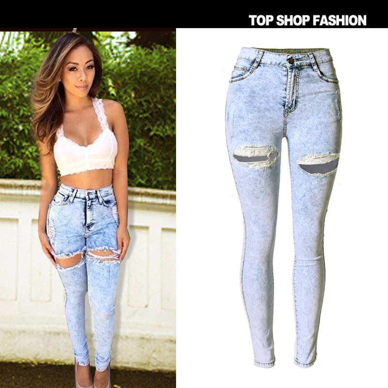2017 Mode Blanc Jeans Femme Taille Haute Dechire Jeans Pour Les Femmes Denim Jean Pantalon Trou Skinny Jeans Femme Pantalon Femme Aliexpress