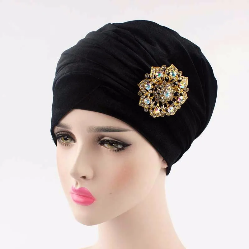 Новые женские плиссированные роскошные бархатные Тюрбан Хиджаб удлиненные головные уборы индийские ювелирные изделия брошь на голову шарф женские аксессуары для волос