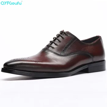 

QYFCIOUFU Luxury Designer Formal Men Dress Shoes Genuine Leather Classic Brogue Shoes Flats Oxfords For Wedding Office Business