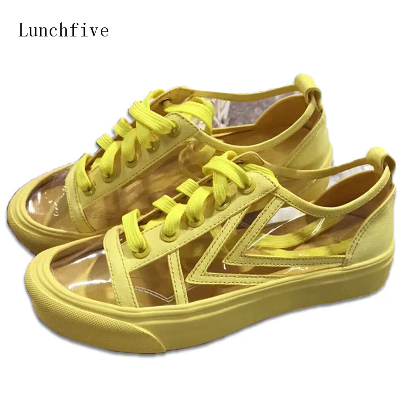 

2018 Pvc Transparent Shoes Woman Round Toe Lace Up Pink Yellow White Purple Patchwork Casual Shoes Summer For Women