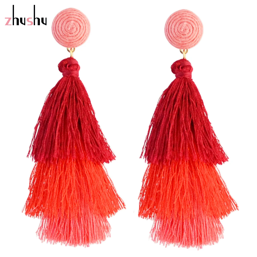 Zhushu 4 Color Boho Crystal Multi-layer Long Tassel Drop Earrings For Women Fashion Silk Fabric Dangle Earring Ethnic Jewelry |