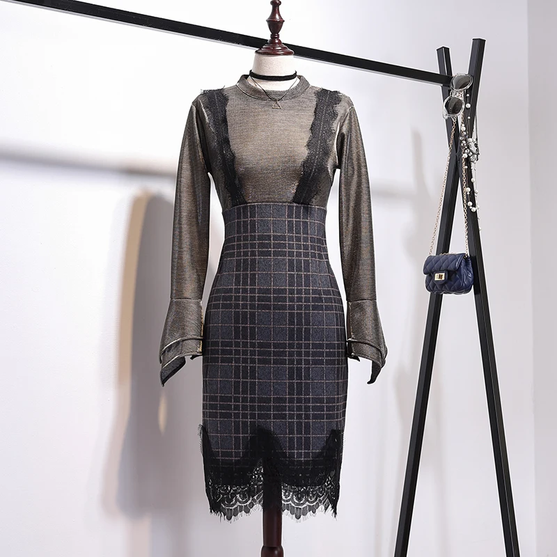 

2019 Spring Summer Women Retro Dress Elegant Long Sleeve Lace Spliced Plaid Sexy Dresses Ladies Vestidos High Waist Party Dress