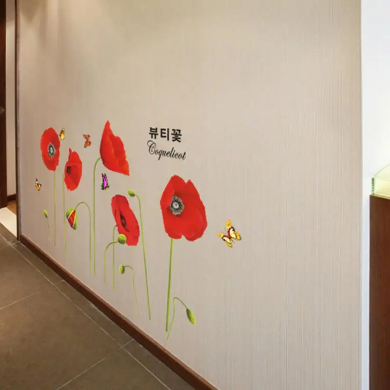 Водонепроницаемый ПВХ Красный мак Цветы бабочки домашние наклейки на стену художественная Наклейка Настенная бумага Фреска домашний Декор 50*70 см