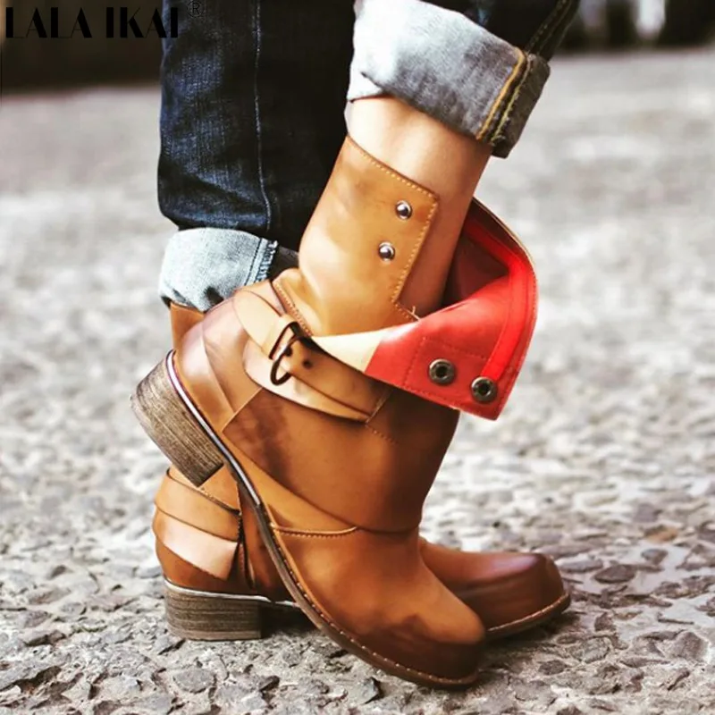 

LALA IKAI Boots Women Ankle Boots Square Heels Round Toe Zipper Boots Vintage Button Ladies Boots Female XWN1363-45