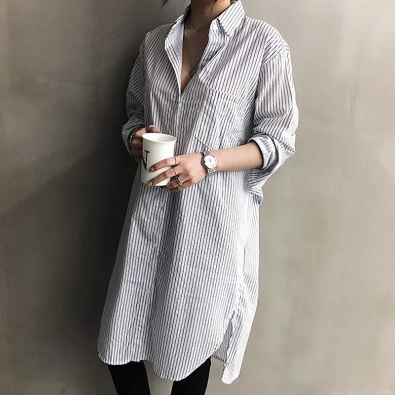 

Striped Blouse Women Long Shirt 2019 Korean Spring Fashion Long Sleeve Slit Pocket Belt Decorate Lazy Oaf Style Shirt