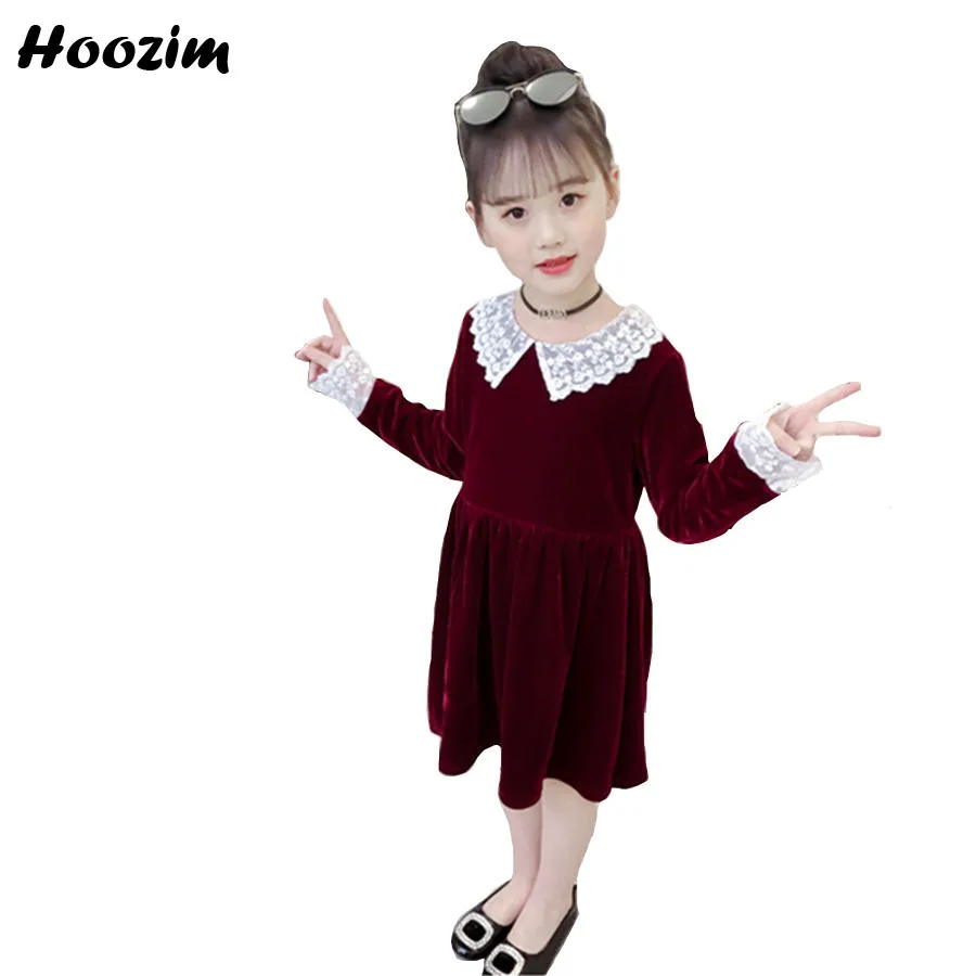 

Spring Velvet Long Sleeve a Line Dress Girls 9 10 11 Years European Patchwork Lace Princess Dresses Kids Vintage Children Dress