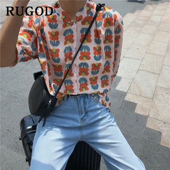 

RUGOD elegan flower printed office ladies shirts Korean chic stand collar women blouse Fashion short sleeve summer holiday tops