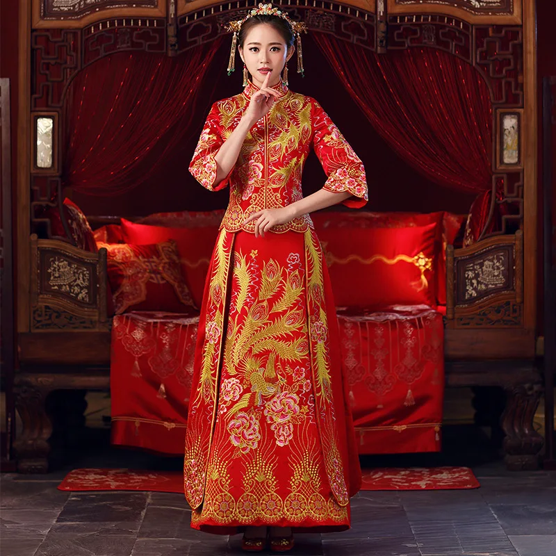 Невесты свадебное платье Традиционный китайский стиль костюм Феникс Ципао вышивка костюмы роскошные древний Королевский красный Qipao