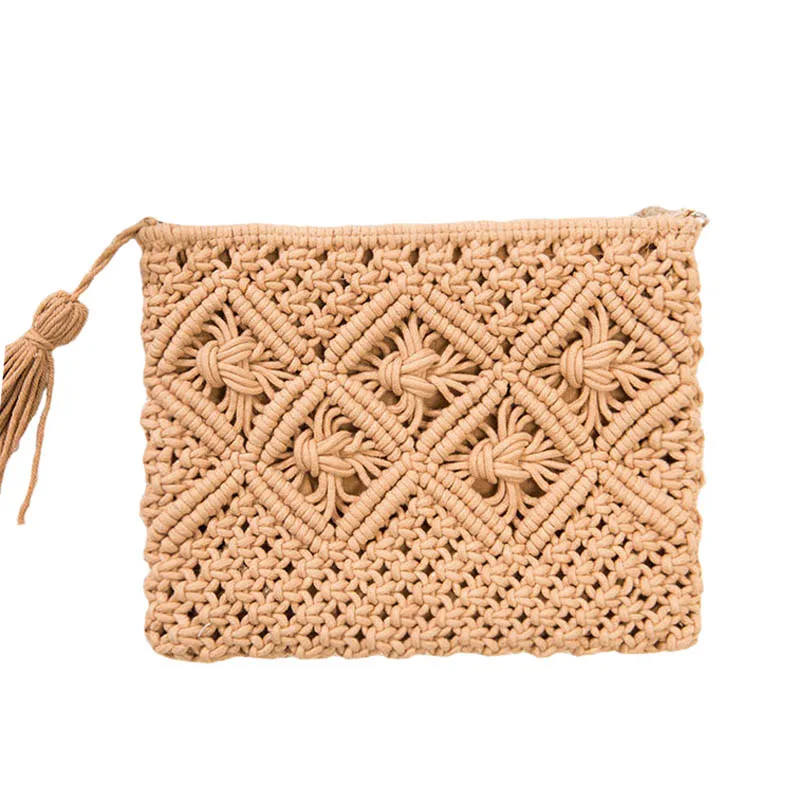 Straw Bag Bohemian Rattan Clutch Bag For Women Crochet Fringed Beach Bag Lady Purse Handmade