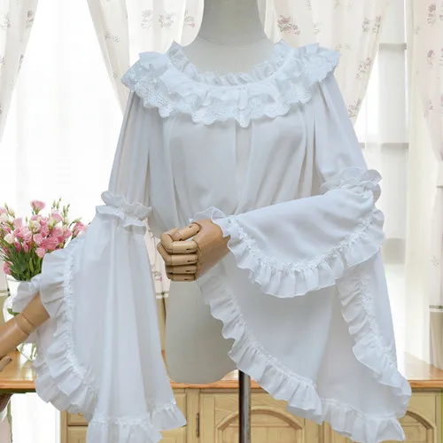 Женская шифоновая рубашка с длинным рукавом и кружевным воротником, элегантная винтажная блузка принцессы в стиле Лолиты, Базовая Блузка бежевого цвета - Цвет: Белый