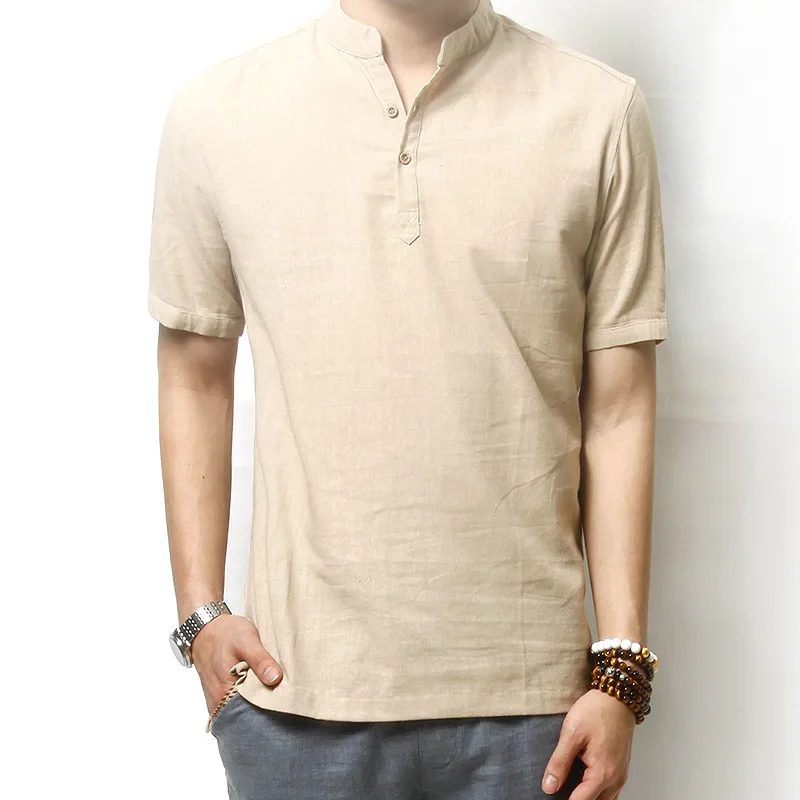 Mens Pullover Linen Shirts Short Sleeve Summer Breathable Mens Quality Casual Shirts Slim fit