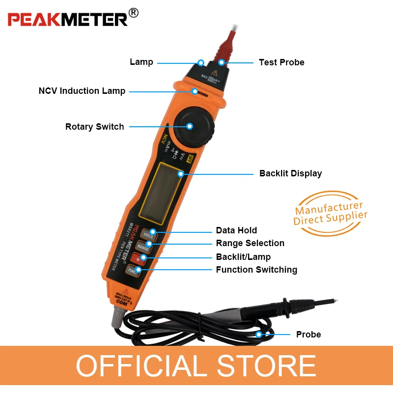 PEAKMETER PM8211 Цифровой мультиметр 2000 отсчетов Тип ручки с бесконтактным ACV/DCV