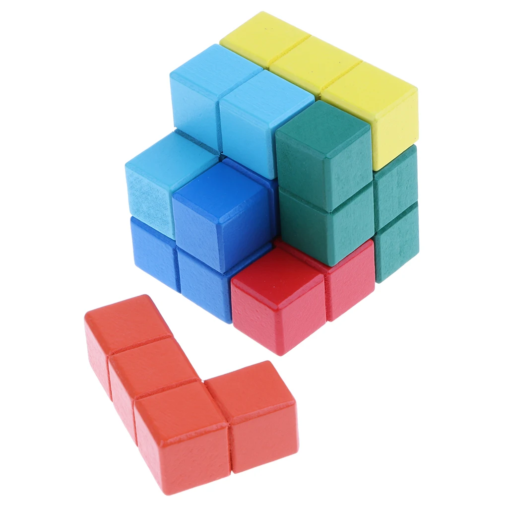 Красочные деревянные головоломки Коробка деревянный сома-куб укладки игры с 7 красочными кирпичами головоломки игрушки