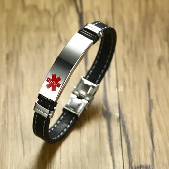 

DIABETES EPILEPSY ALLERGY COPD ALLERGY WARFARIN ASTHMA PACEMAKER HYPOGLYCEMIA Black Leather Medical ID Bracelet