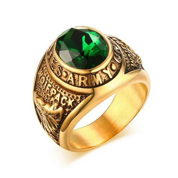 

Men Quality Green Stone Ring Vintage Gold-Color Stainless Steel Ring Army Ring for Boys
