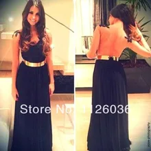 Sexy Schwarz V-ausschnitt Zurück Sheer Applique Top Chiffon Gold gürtel Maxi Kleid Chiffon-Formales Abendkleid Mädchen Kleid benutzerdefinierte