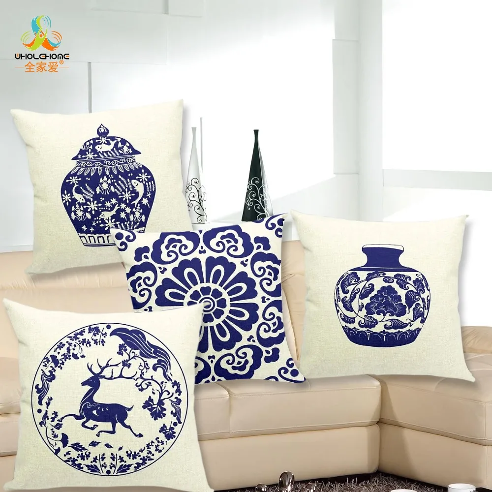 

43*43cm Blue And White Porcelain Cushions Linen Cushion Cover Chinese Styel Pillow For Living Room Bed Room