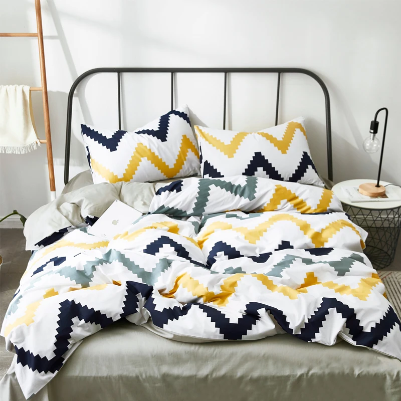 Yellow and Blue Stripes Fashion Style Cotton 100 Bed Linens Set For