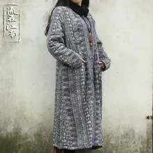 2015 New autumn winter retro frog pure cotton coat folk style flocking long coat robe gown