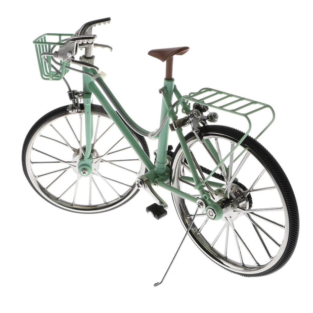 1/10 Mini Green Bike Alloy Diecast Models Bicycle with Basket & Seat Replica Toy