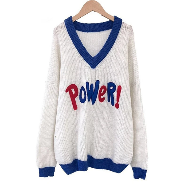 

HSA sweater women 2018 Pull Femme Mujer V neck Casual Letters Loose Pull Jumpers Harajuku Chic Sweater Korean roupas feminina